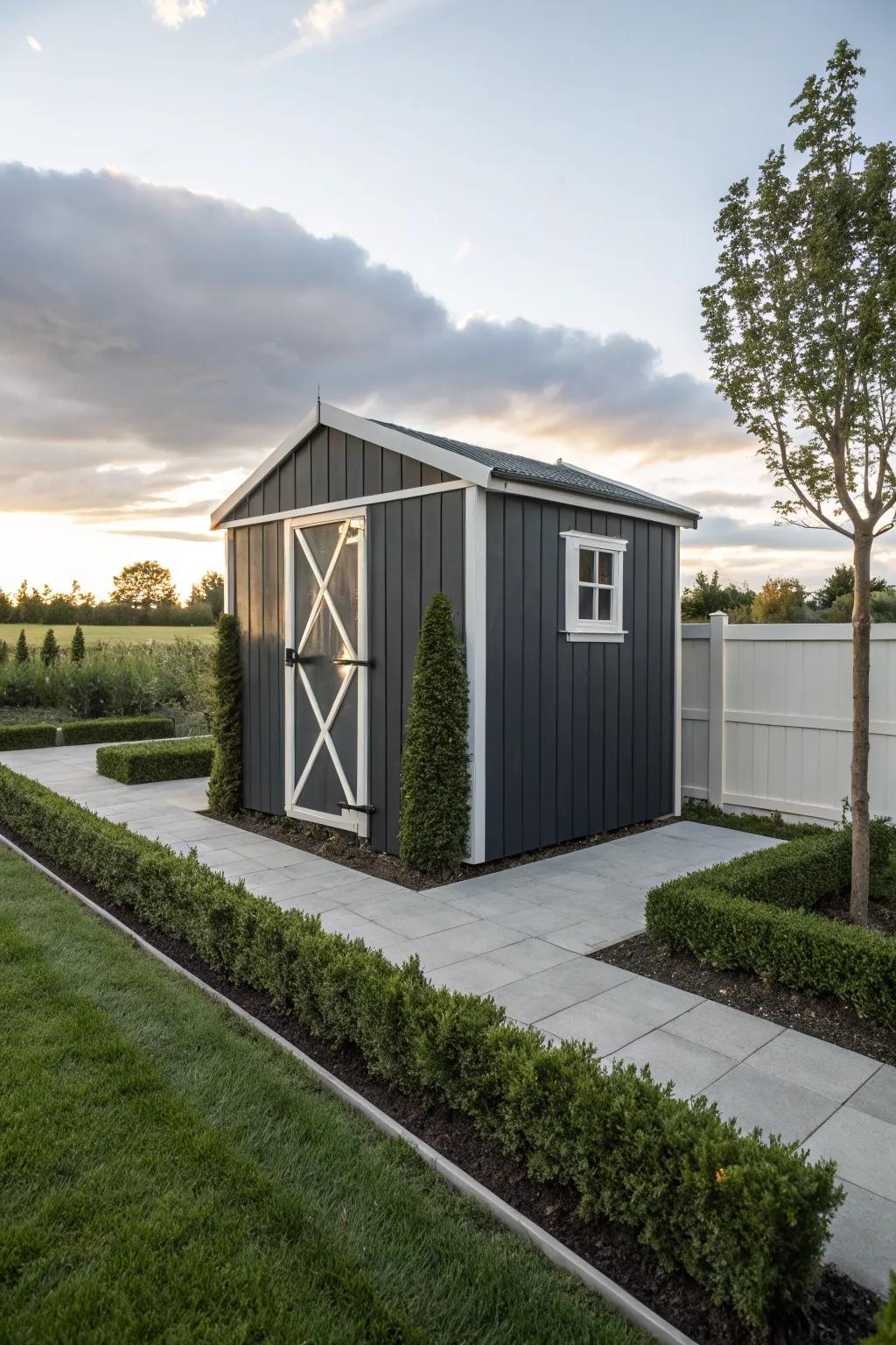 A charcoal gray shed offers a modern twist to garden decor.