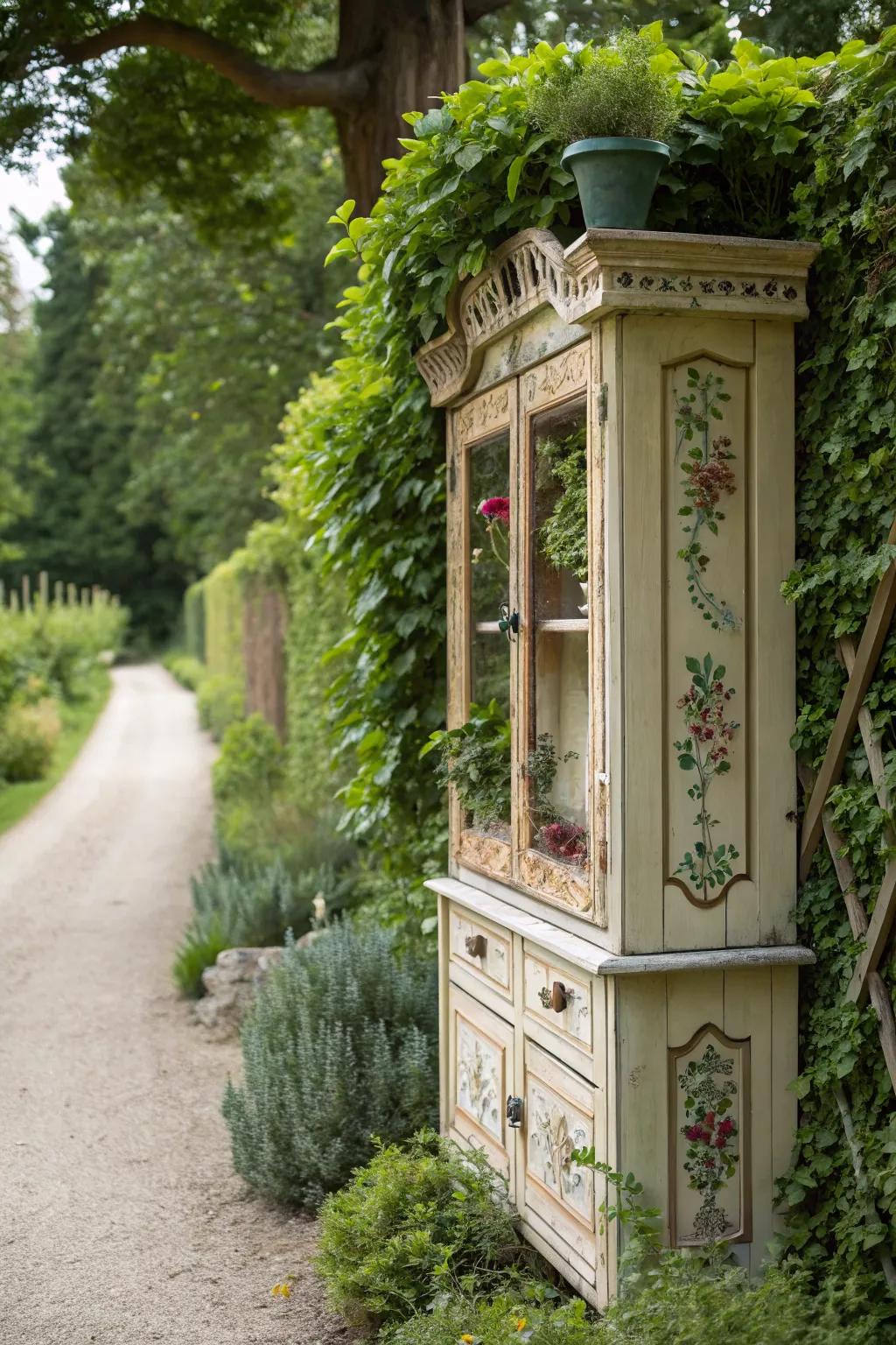 A vintage cabinet adds a touch of nostalgia and function to outdoor spaces.