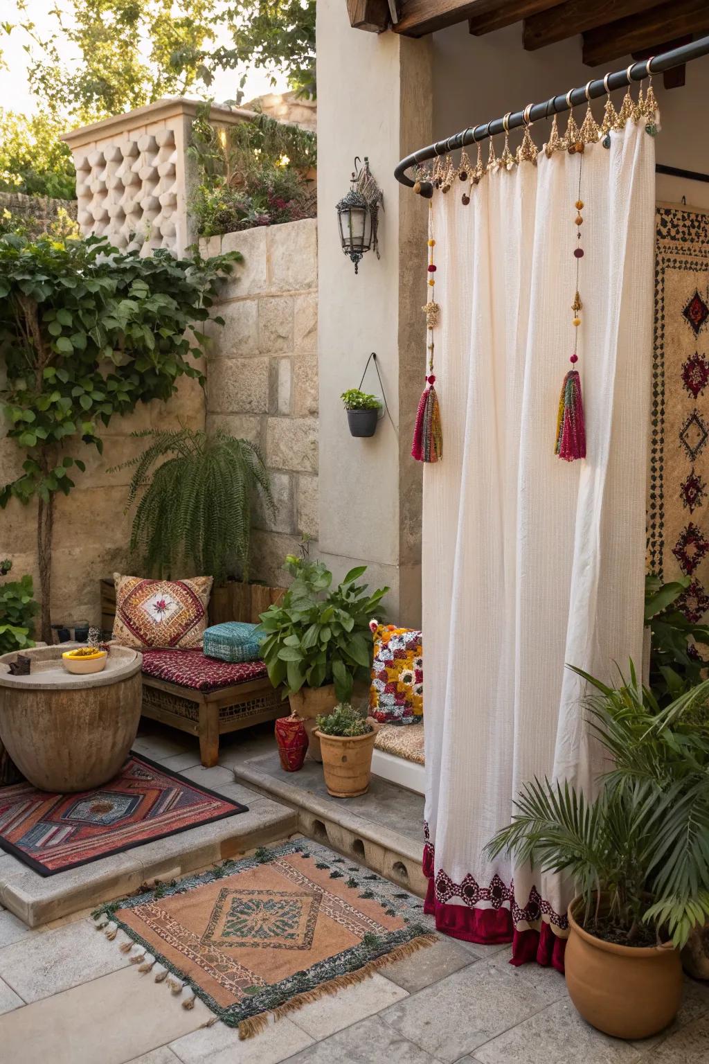 Create a boho-chic vibe with tasseled shower curtains.