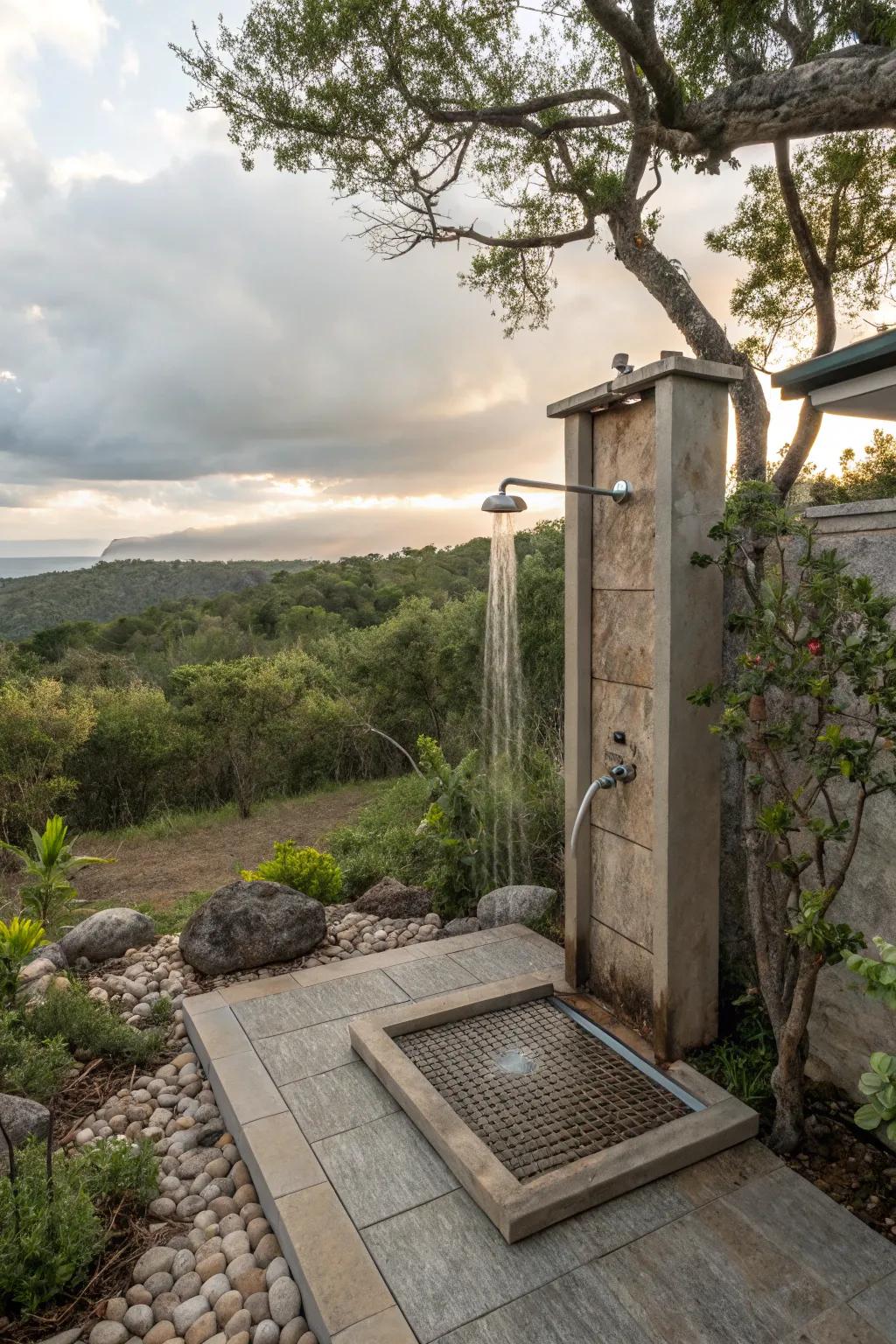 An eco-friendly outdoor shower with pebble tile flooring.