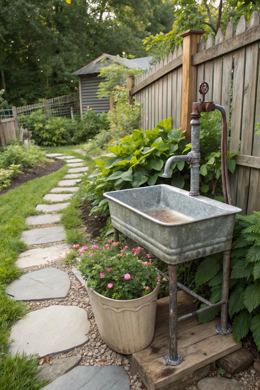 An industrial-style outdoor sink with durable galvanized metal.