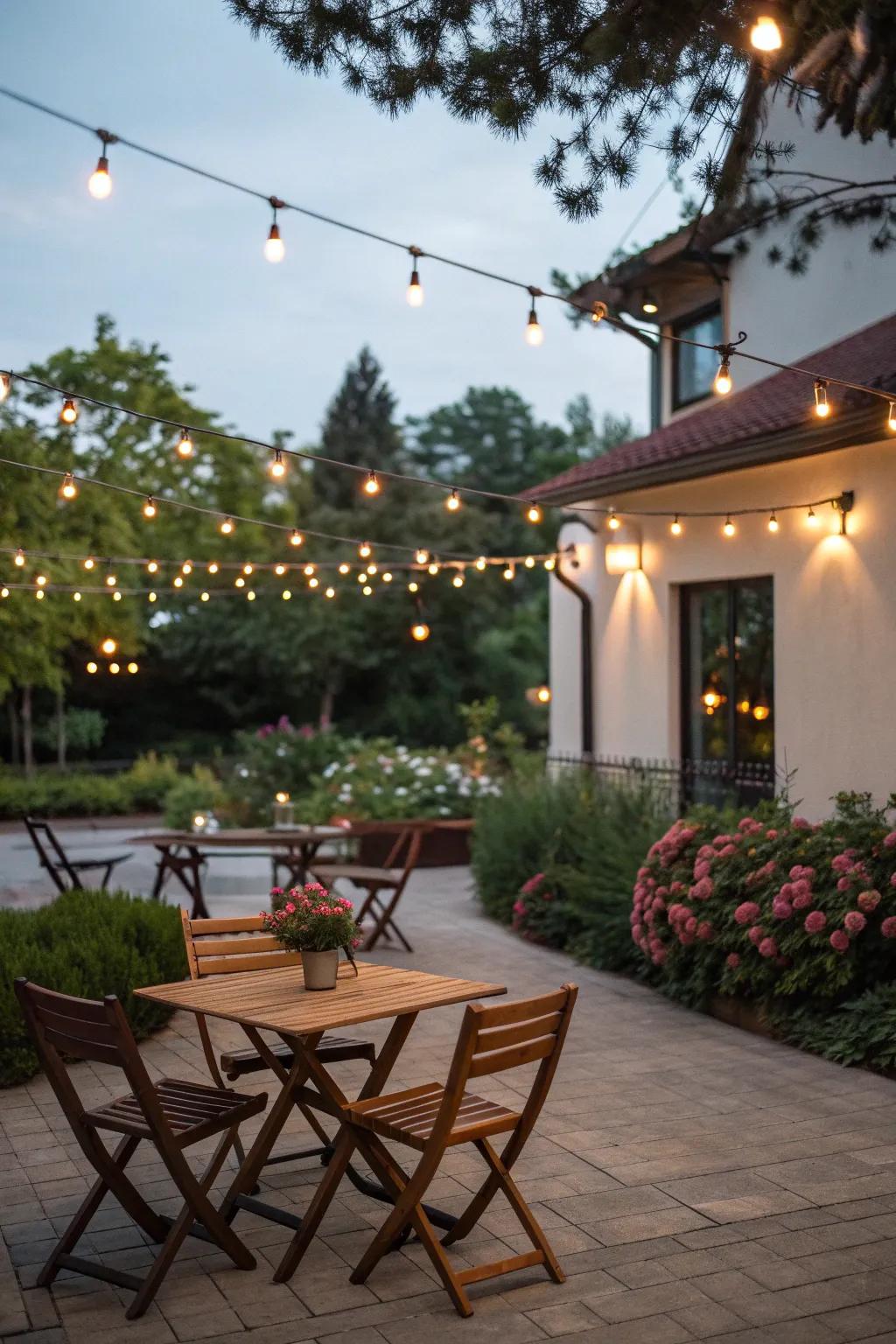 String lights adding charm and warmth to an outdoor patio.