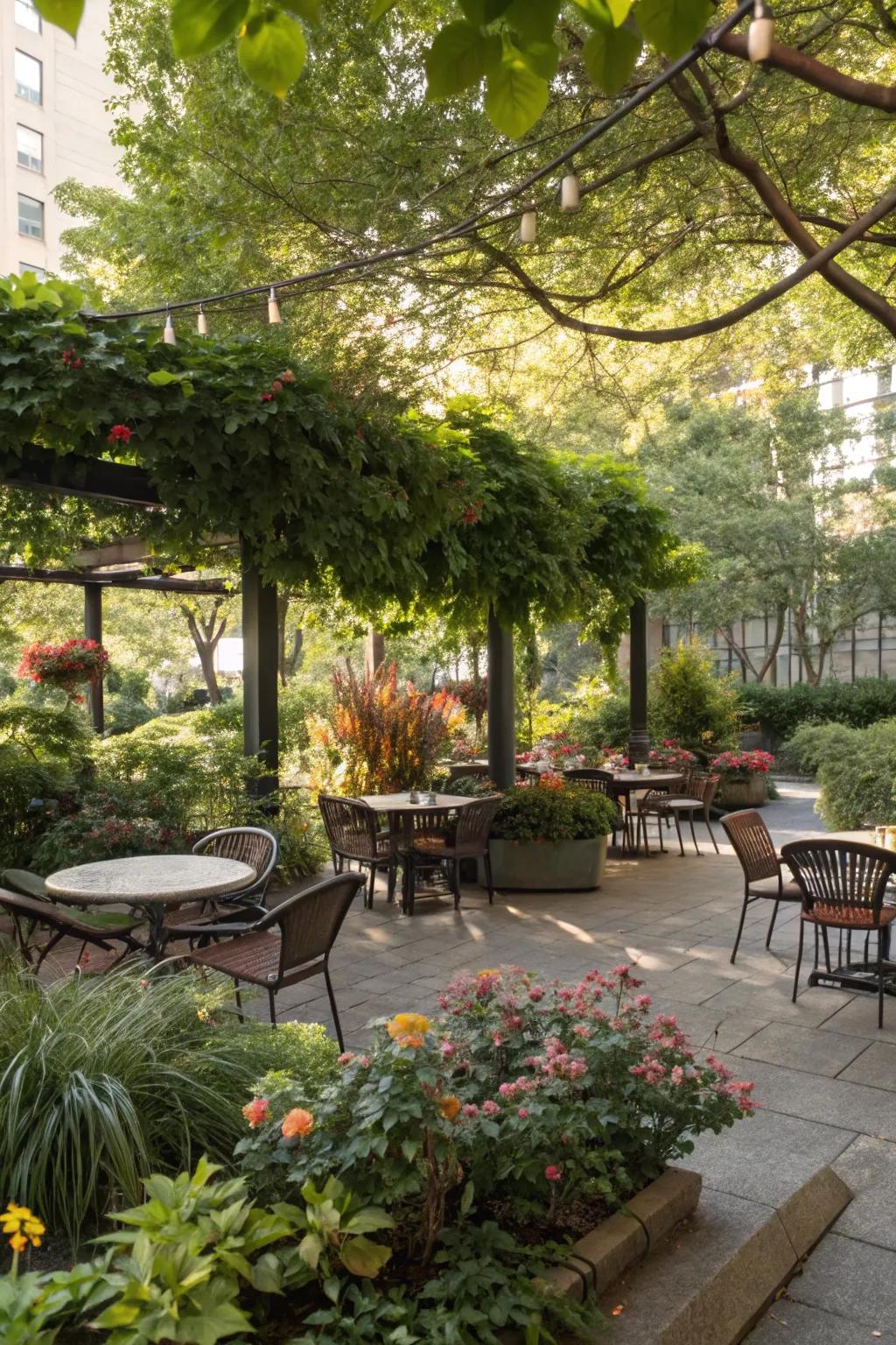 A vibrant outdoor seating area enriched with a variety of plants.