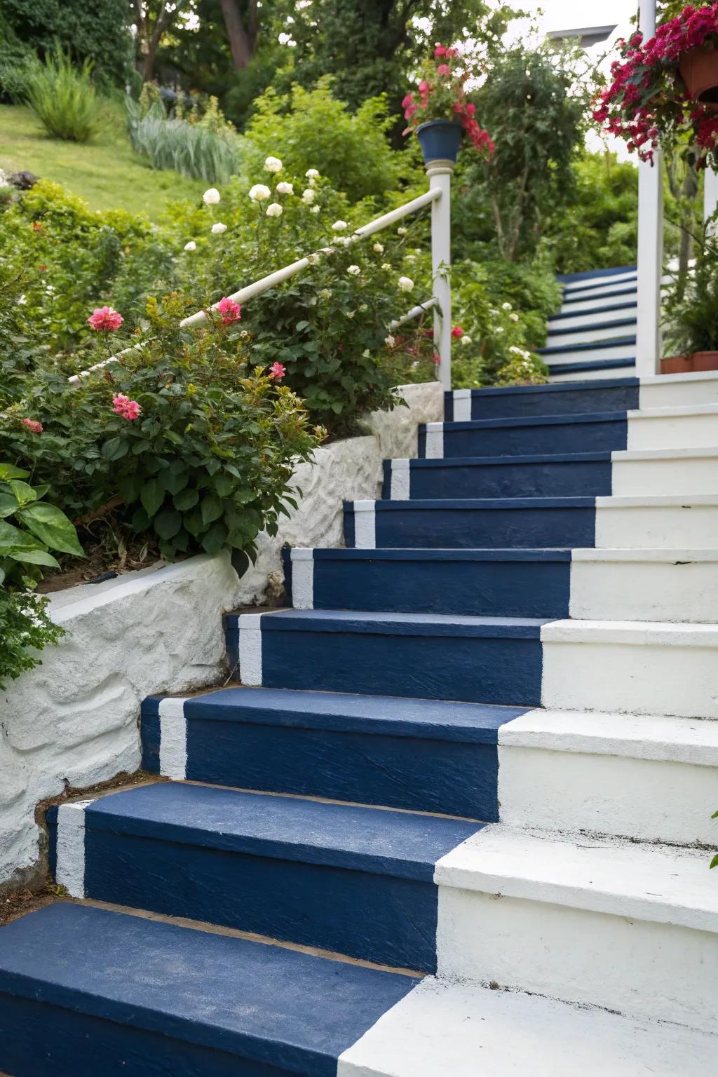 Contrasting colors give outdoor stairs a bold and modern look.