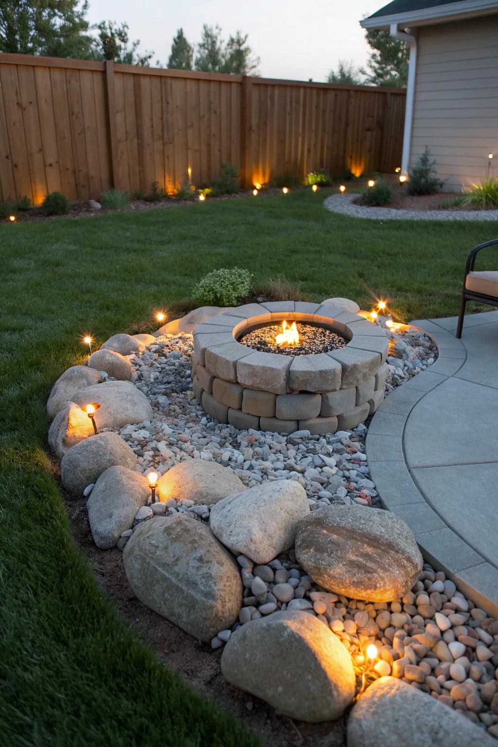 A stone fire pit enhanced by decorative pebbles for added elegance.