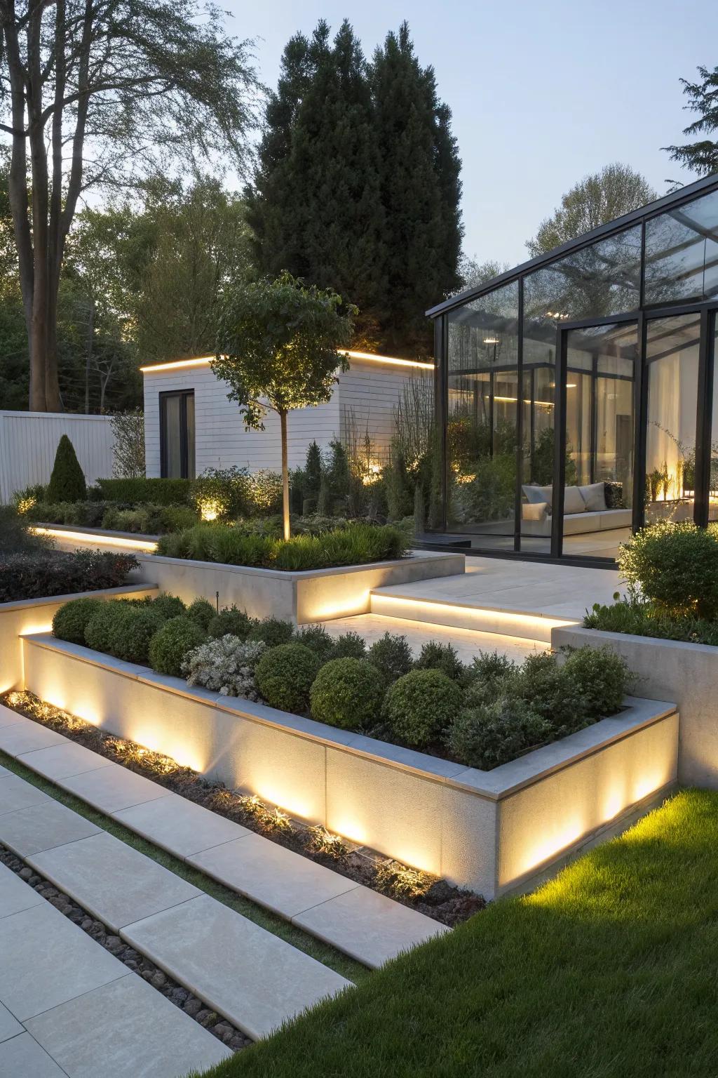 Minimalist strip lighting adds a modern touch to any garden.