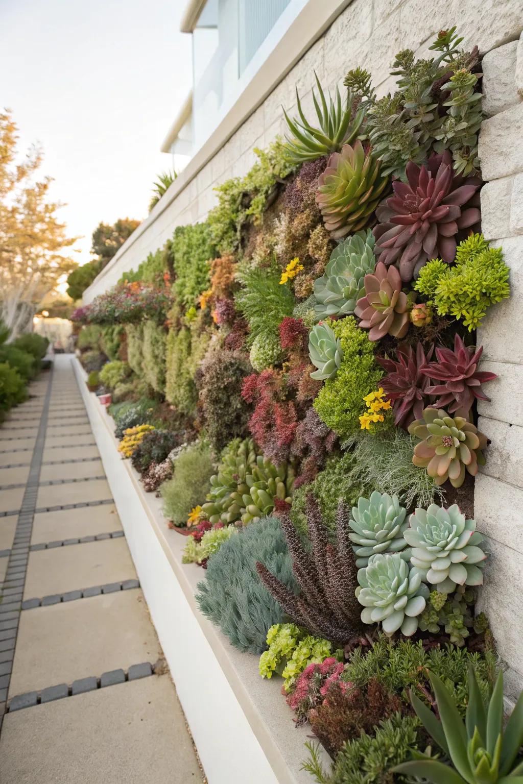 A vertical succulent wall that transforms a plain surface into a dynamic display.