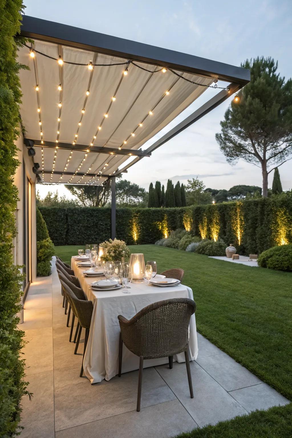 Overhead canopies with lights define and style outdoor spaces.