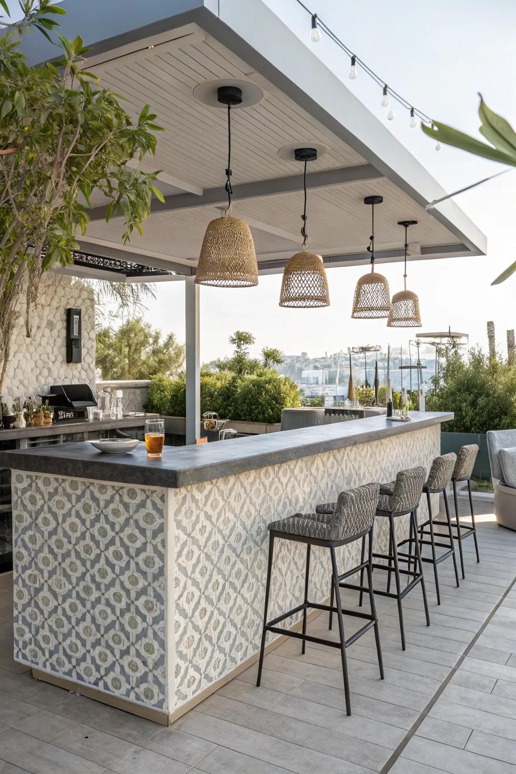 A minimalist outdoor bar with sleek cement tiles
