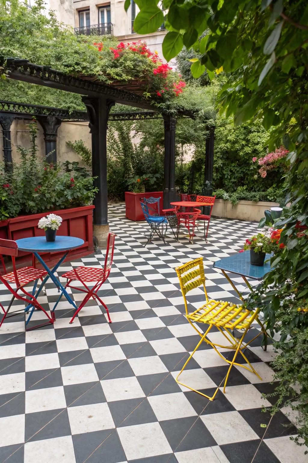 Checkerboard patterns bring a playful twist to any outdoor space.
