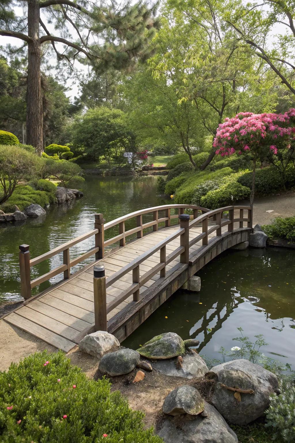 A charming wooden bridge spans the turtle pond.