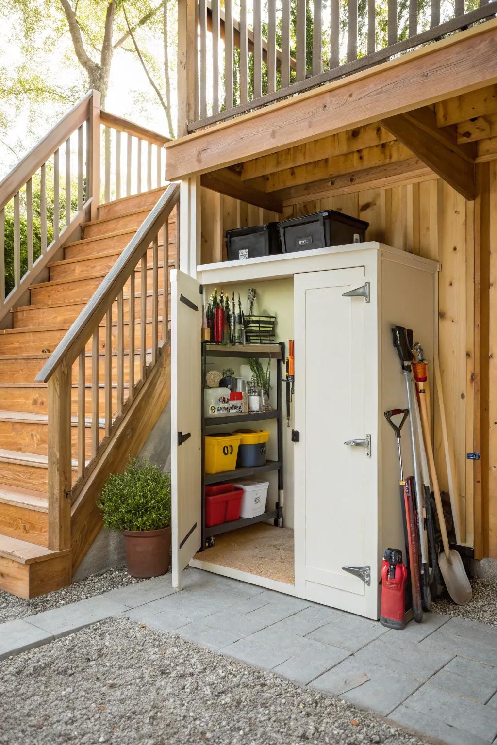Keep your outdoor area tidy with a storage shed under the stairs.