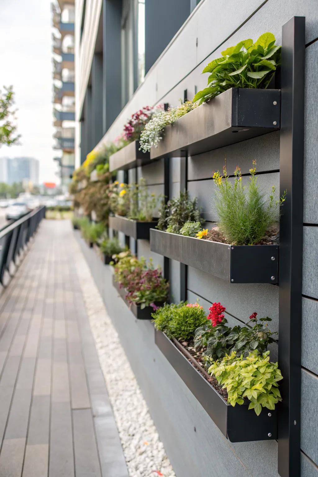 Minimalist floating shelves for a sleek outdoor look.