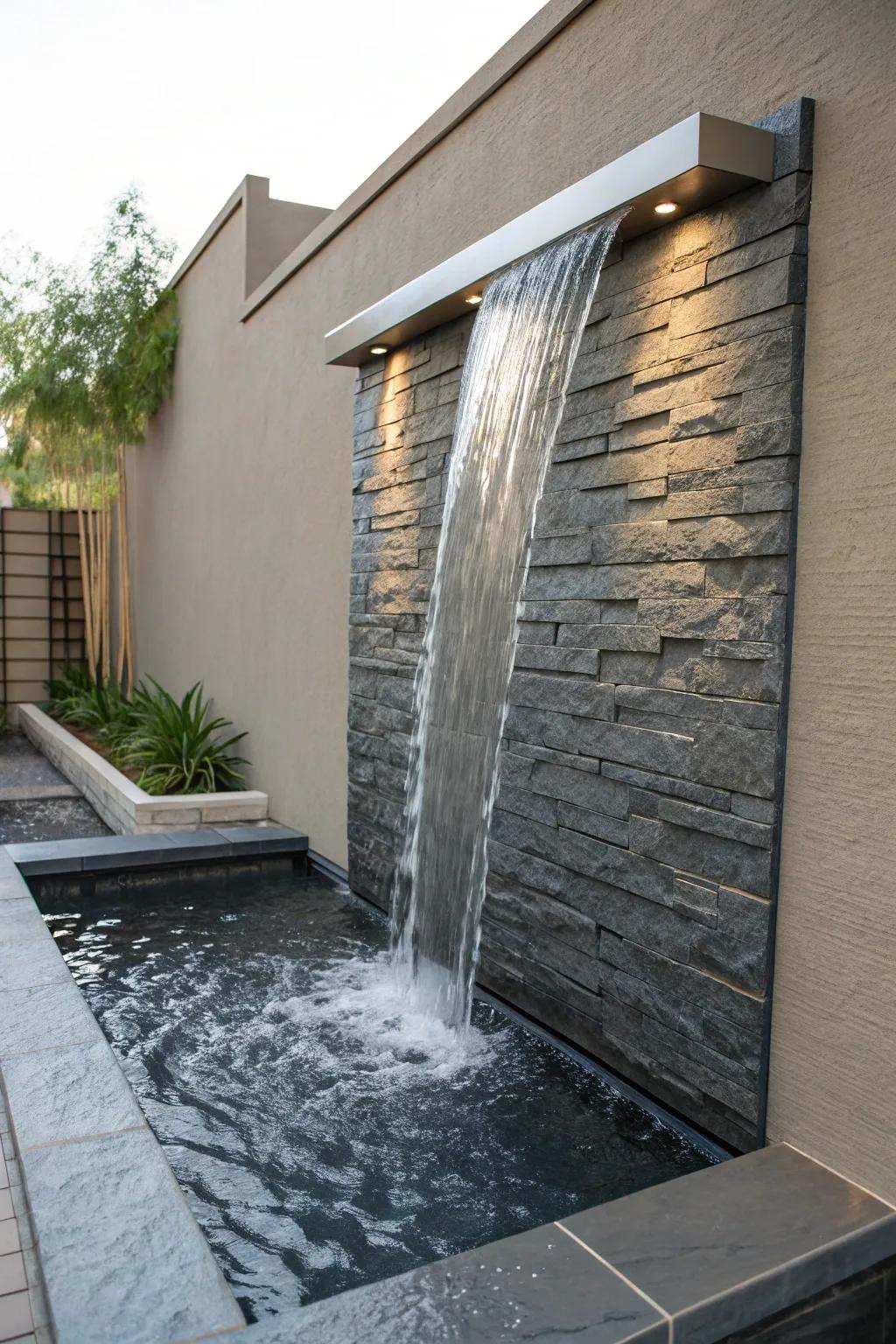 A wall-mounted waterfall is a stylish and space-saving solution.