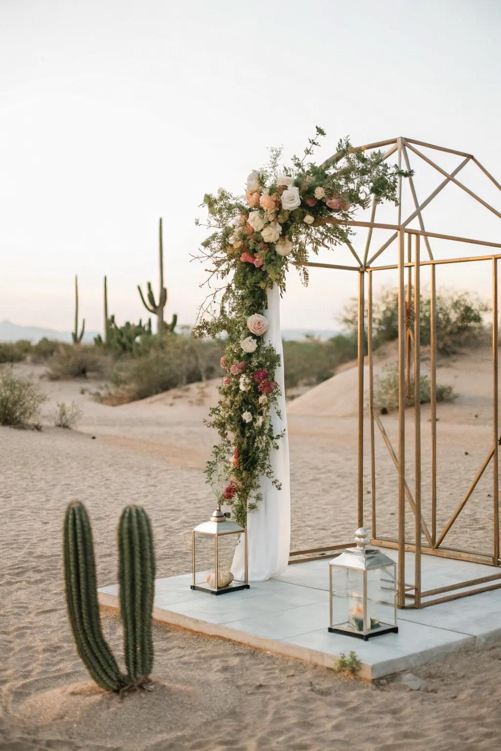A striking geometric altar with floral accents.