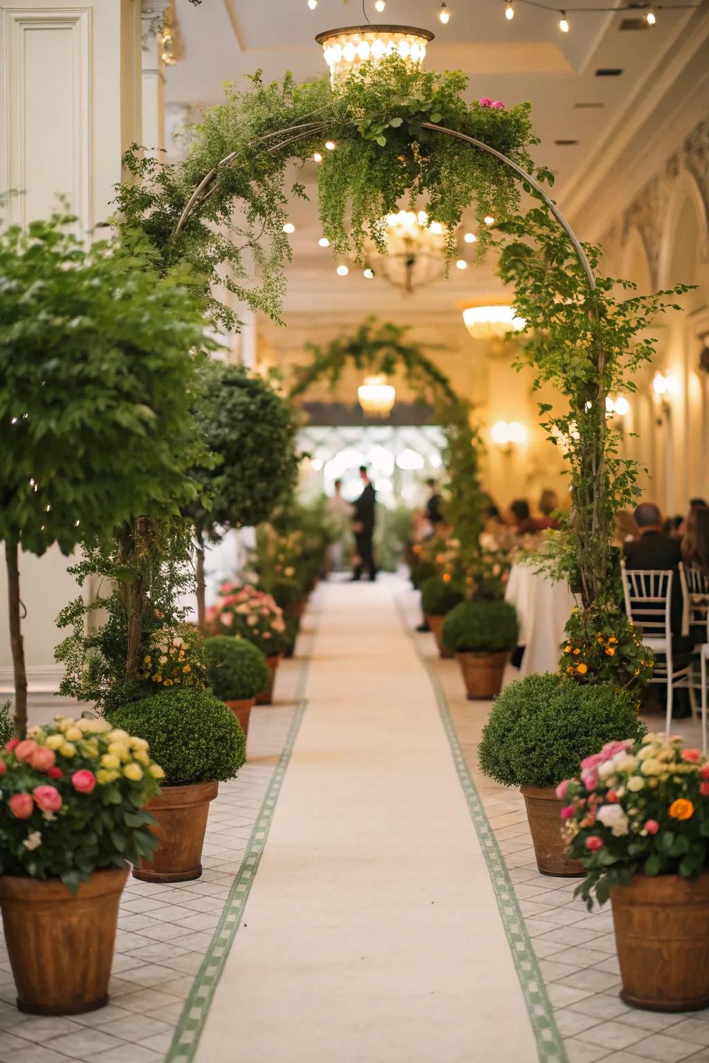 Potted plants lining a wedding aisle