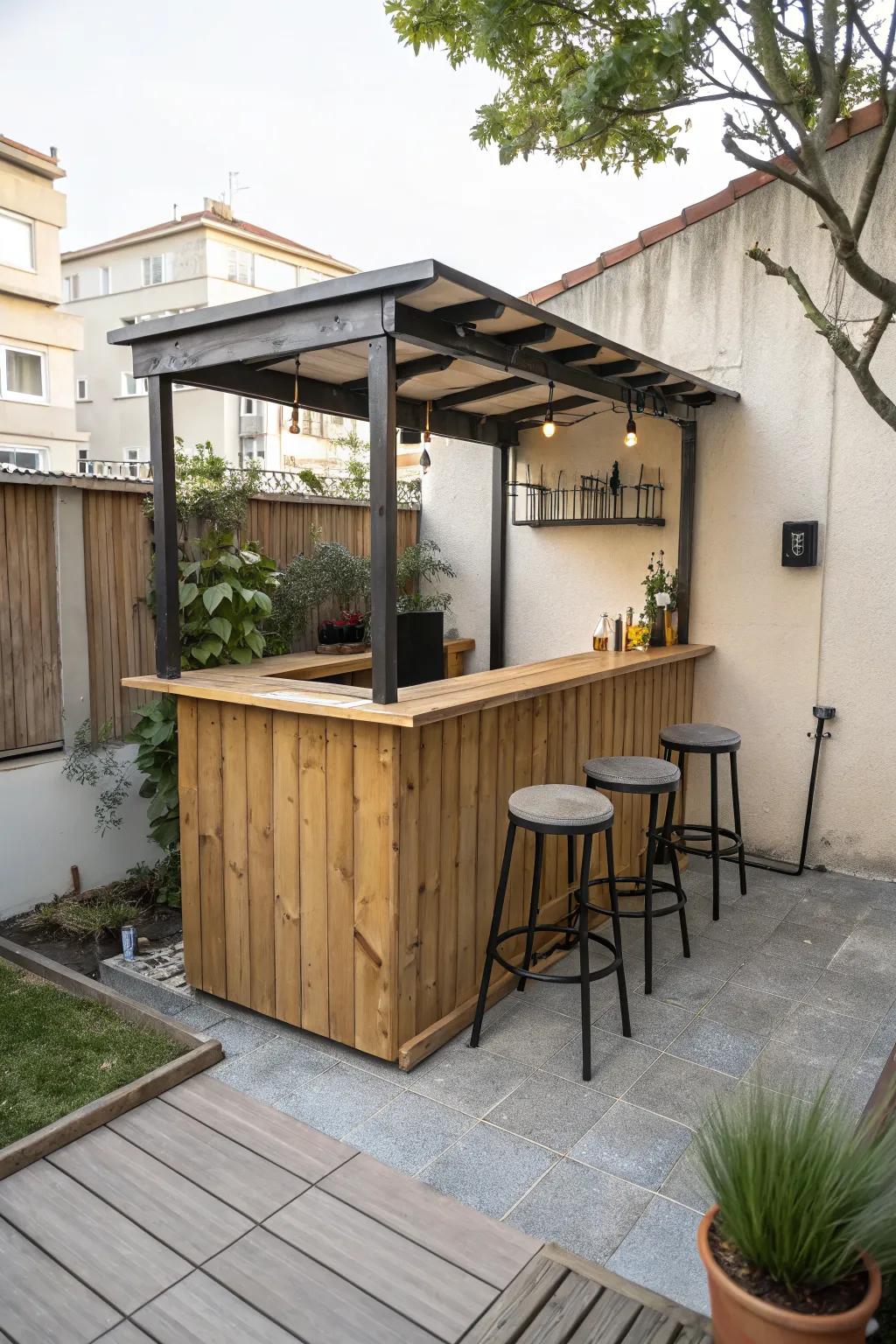 A compact wood bar, ideal for small outdoor spaces.
