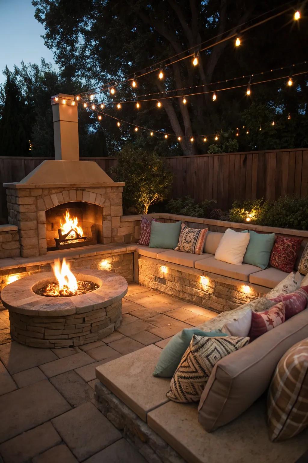 An outdoor fireplace with seating is perfect for gatherings.