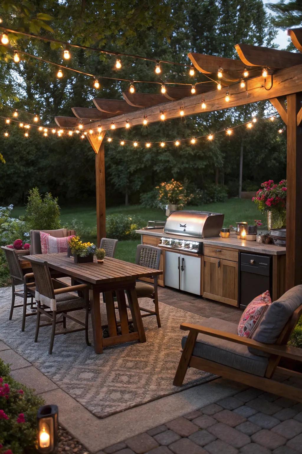 String lights create a warm and inviting grill atmosphere.