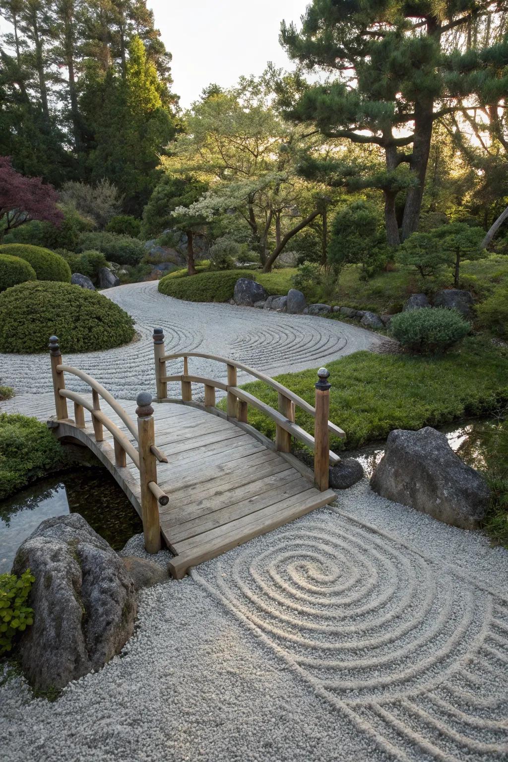 An elegant wooden bridge invites reflection in the zen garden