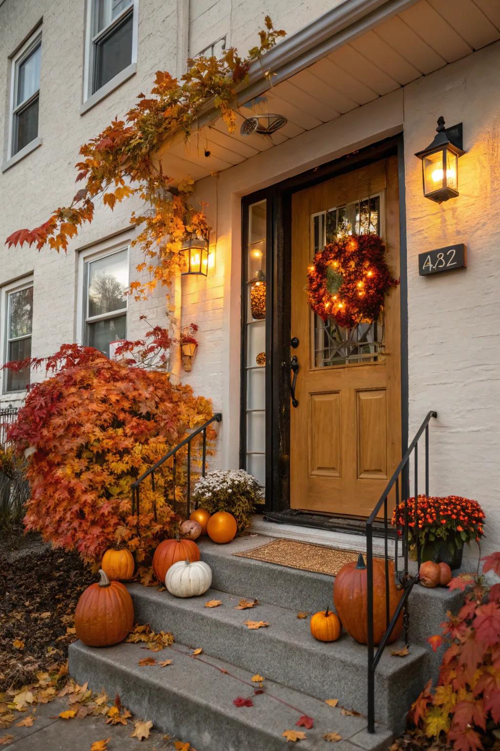 An autumn-themed entrance featuring pumpkins and leaves.