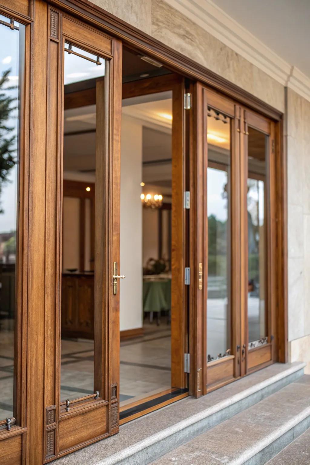 Warm and inviting wood-framed sliding doors.