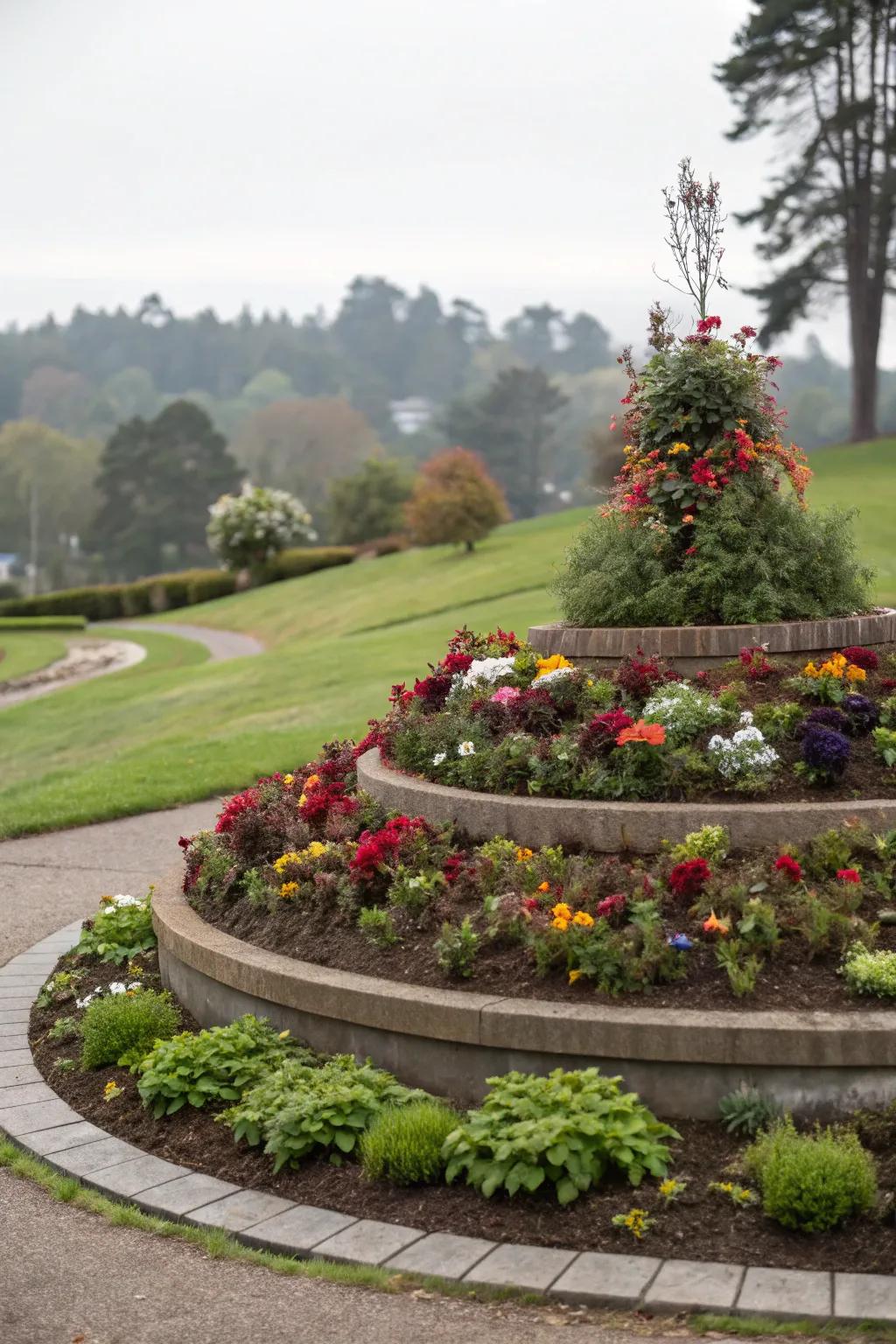 A tiered flower bed adds visual depth and interest.