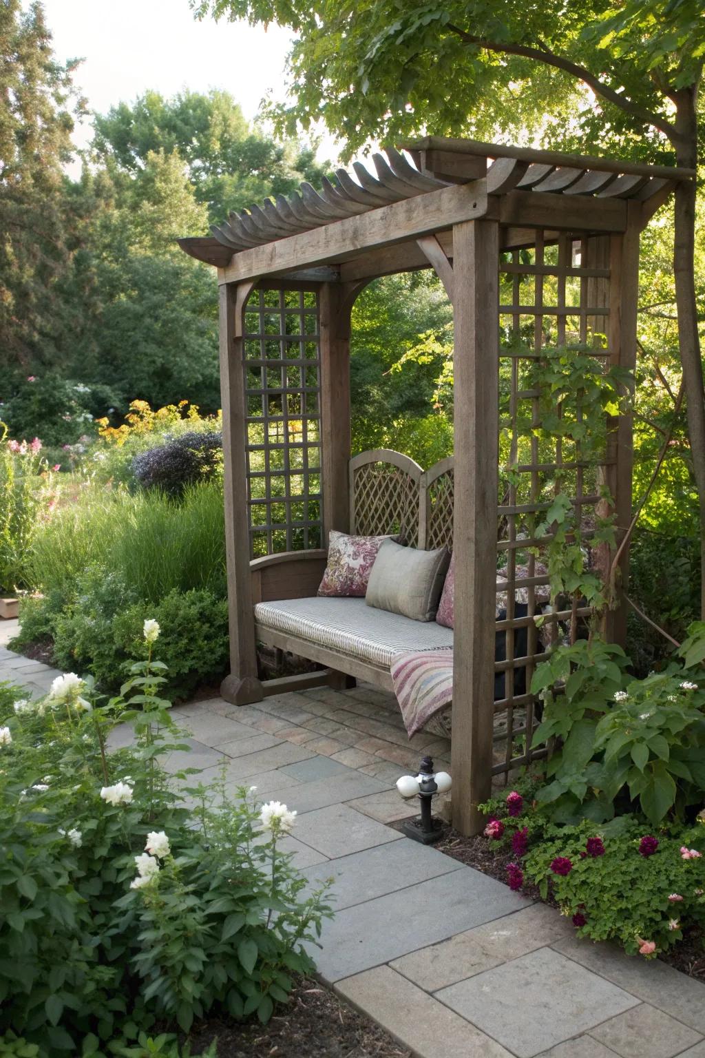 A cozy seating nook under a trellis, surrounded by lush greenery.