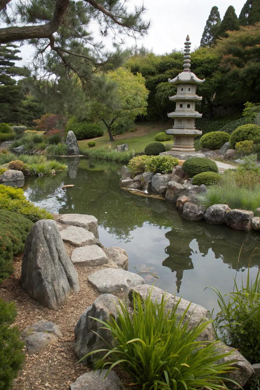 A small pond complements the pagoda statue, creating a serene sanctuary.