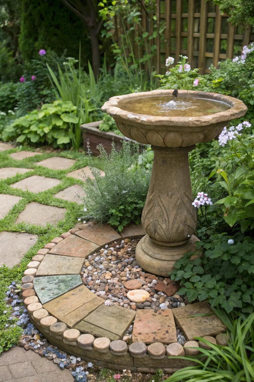 Seamless integration with garden elements enhances this bird bath's appeal.