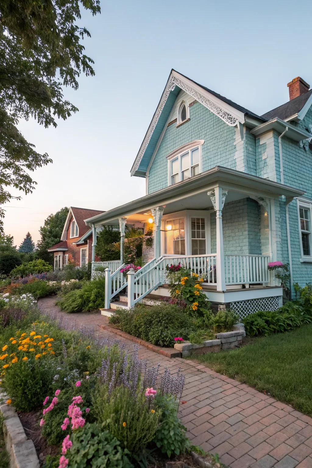 Pastel painted brick creates a dreamy, cottage-like atmosphere.