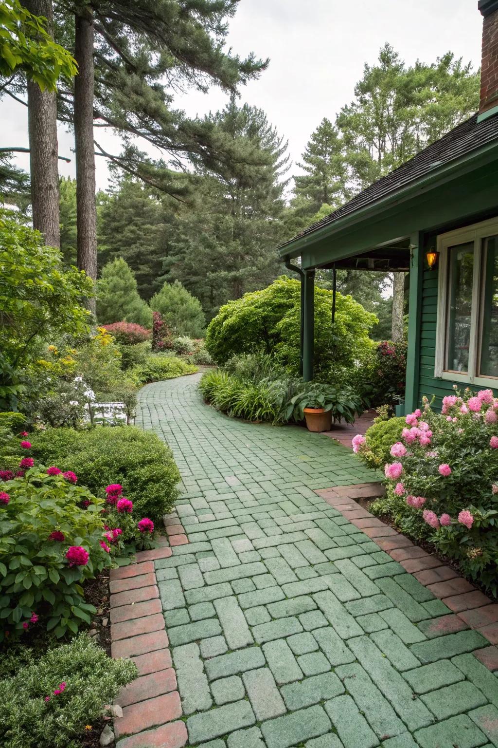 Green hues on a brick patio create a seamless garden feel.