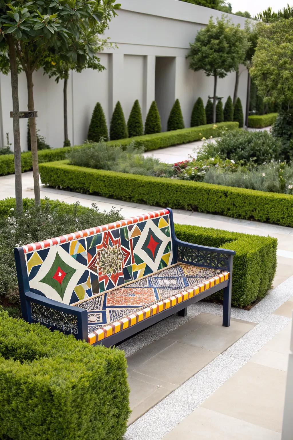 A modern bench featuring bold geometric designs.