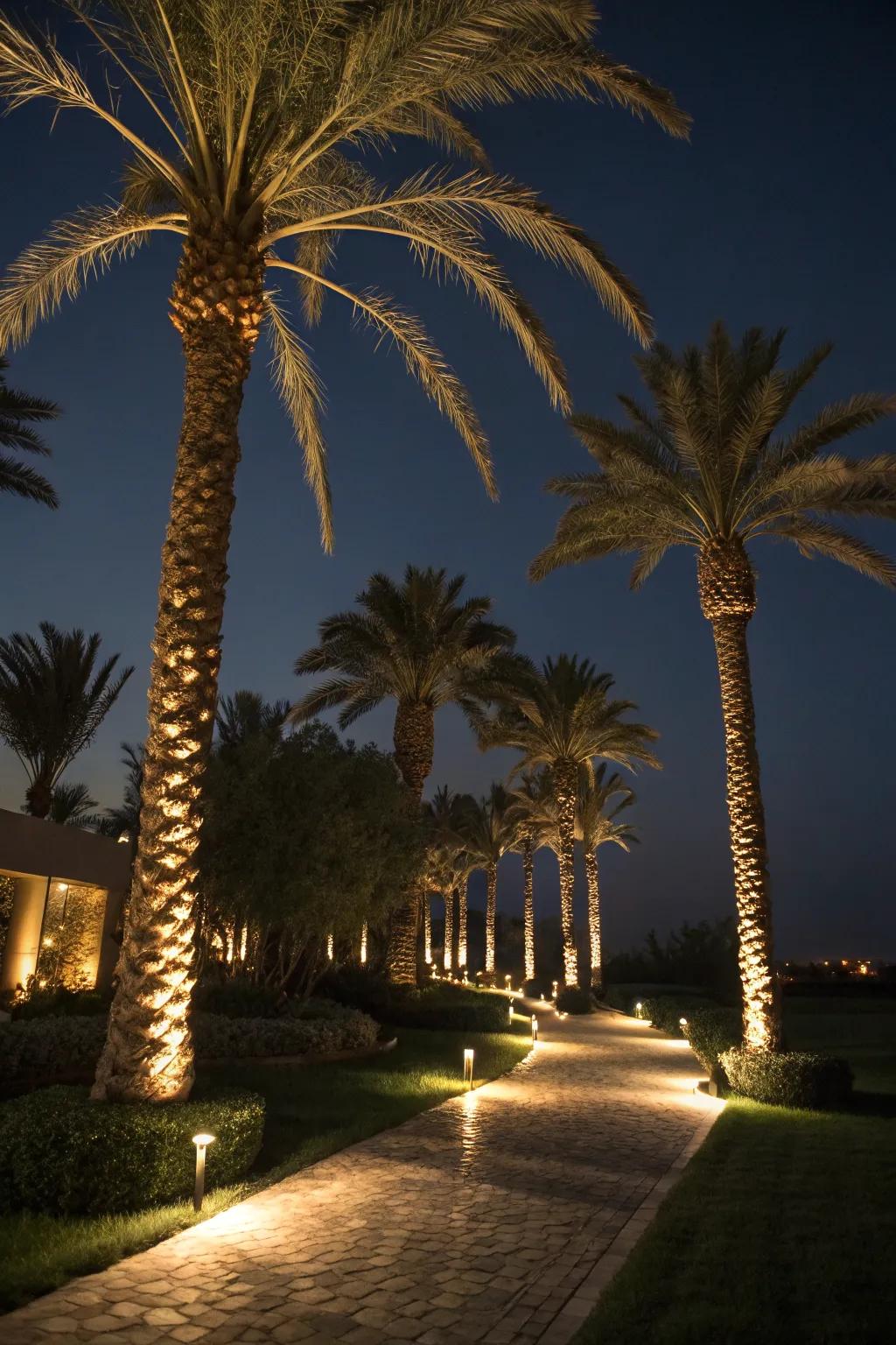 Palm trees illuminated with night lighting create a magical ambiance.