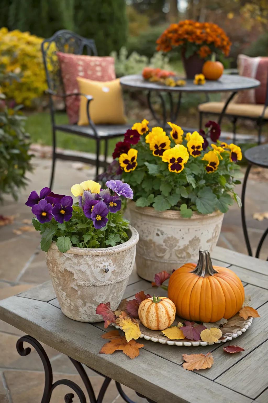 Seasonal accents add flair to pansy arrangements.