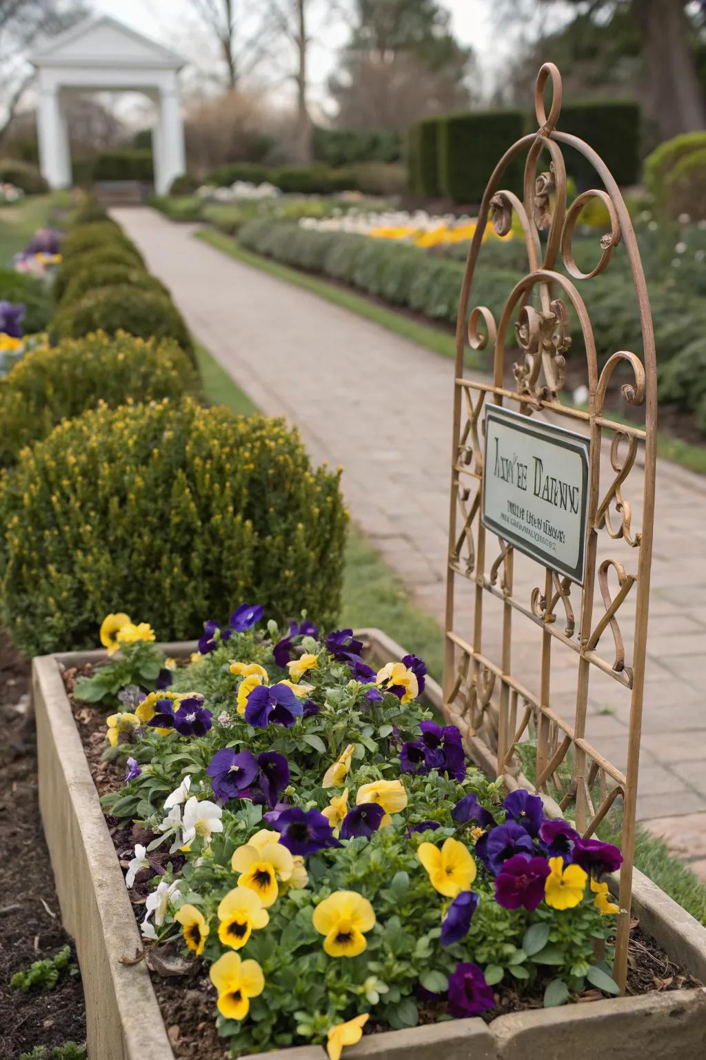 Pansies paired with a garden structure for enhanced visual appeal.