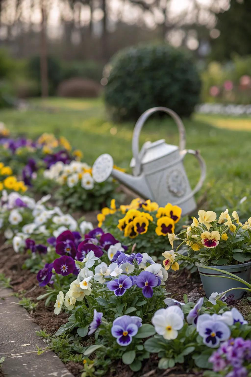 A vibrant pansy garden accented with charming garden ornaments.