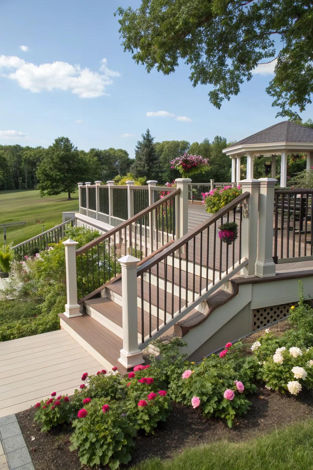 Stylish railings and steps enhance safety and aesthetics.