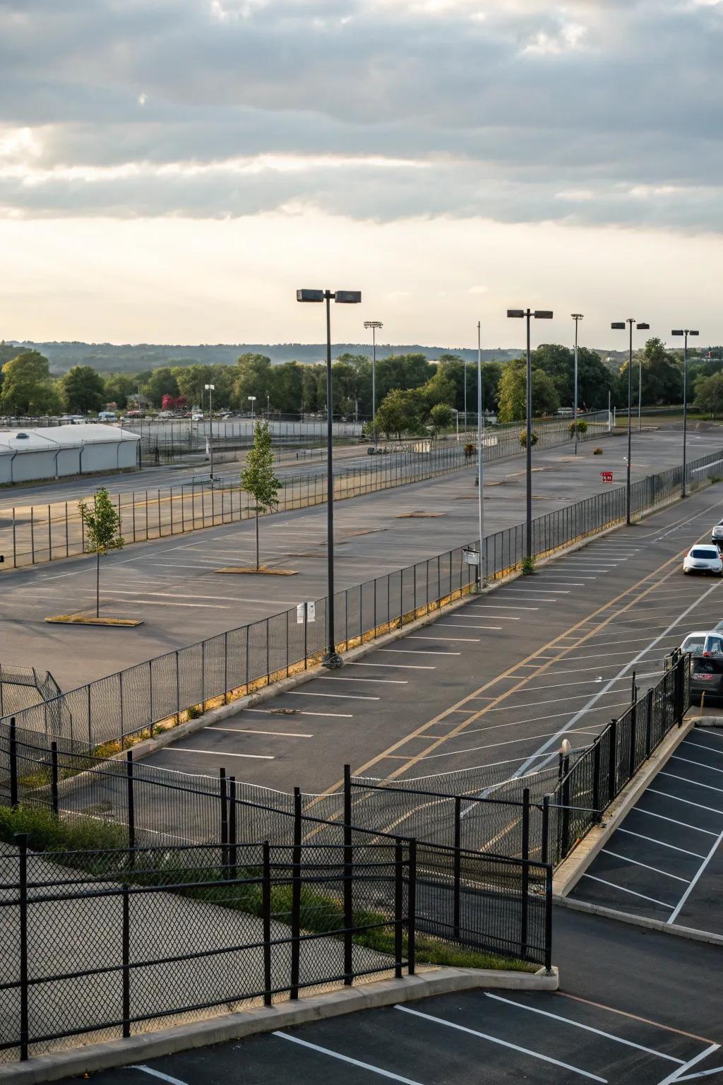 Fences help organize and define different sections within a parking lot.