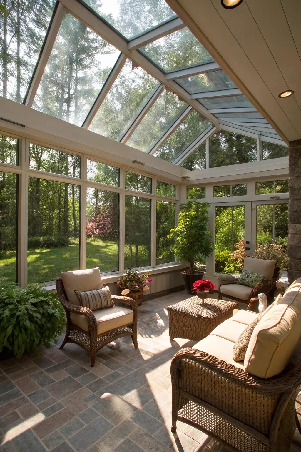 A partial sunroom offers natural light and weather protection.