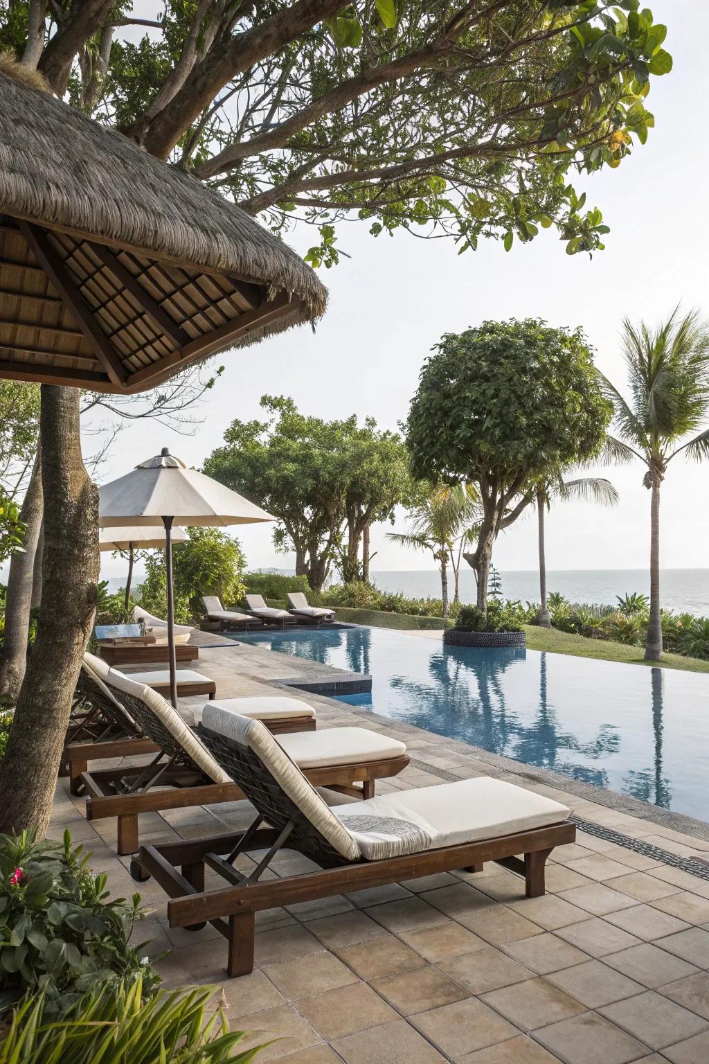 Cozy lounging areas invite guests to unwind by the pool.