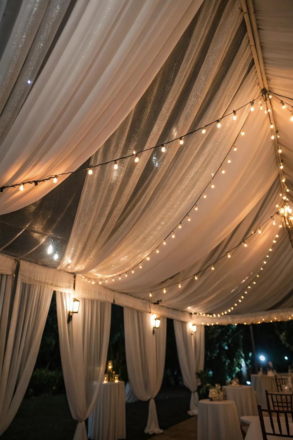 Draped fabrics and lights create a dreamy, romantic feel.