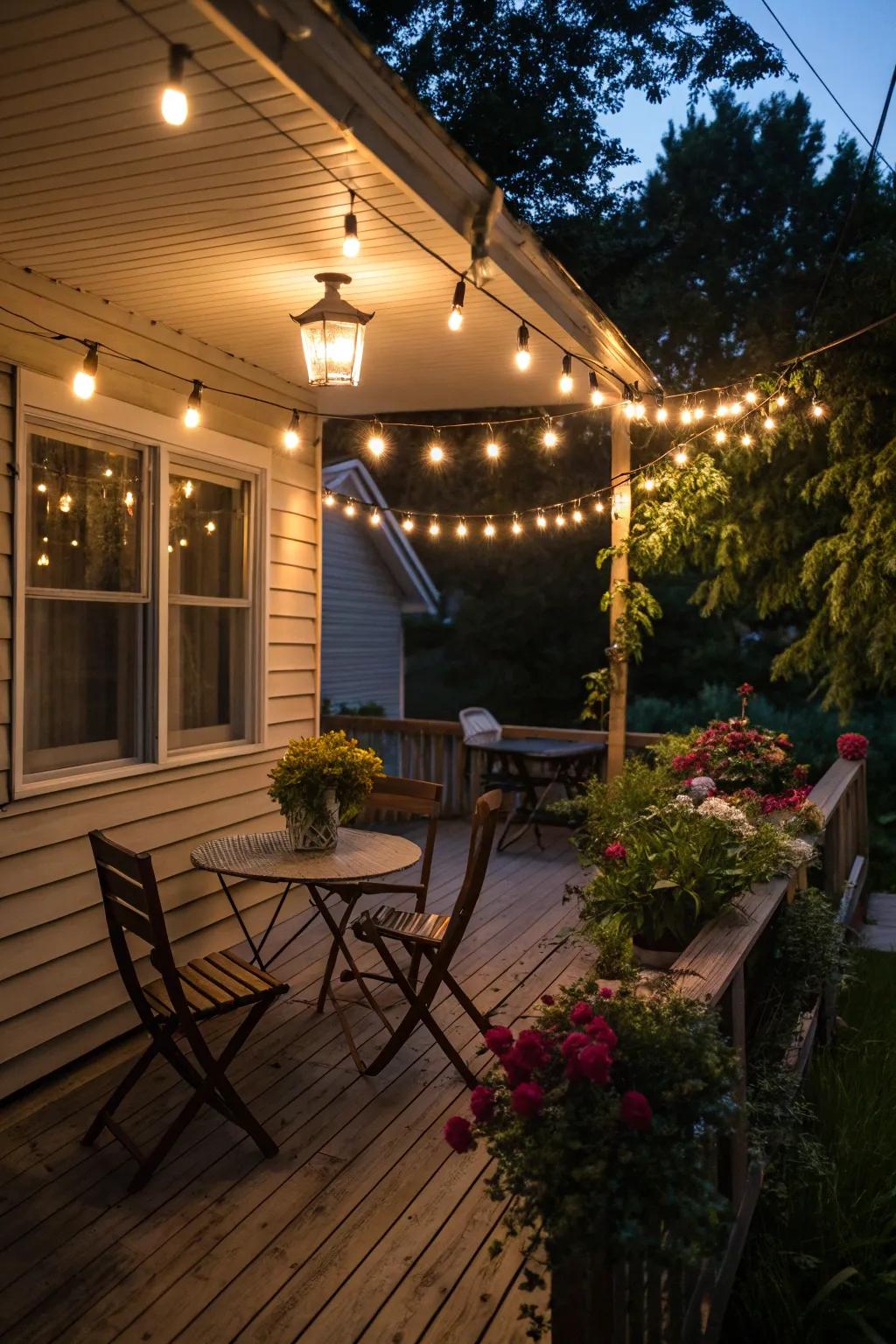 Decorative lighting transforms your porch into a magical evening retreat.