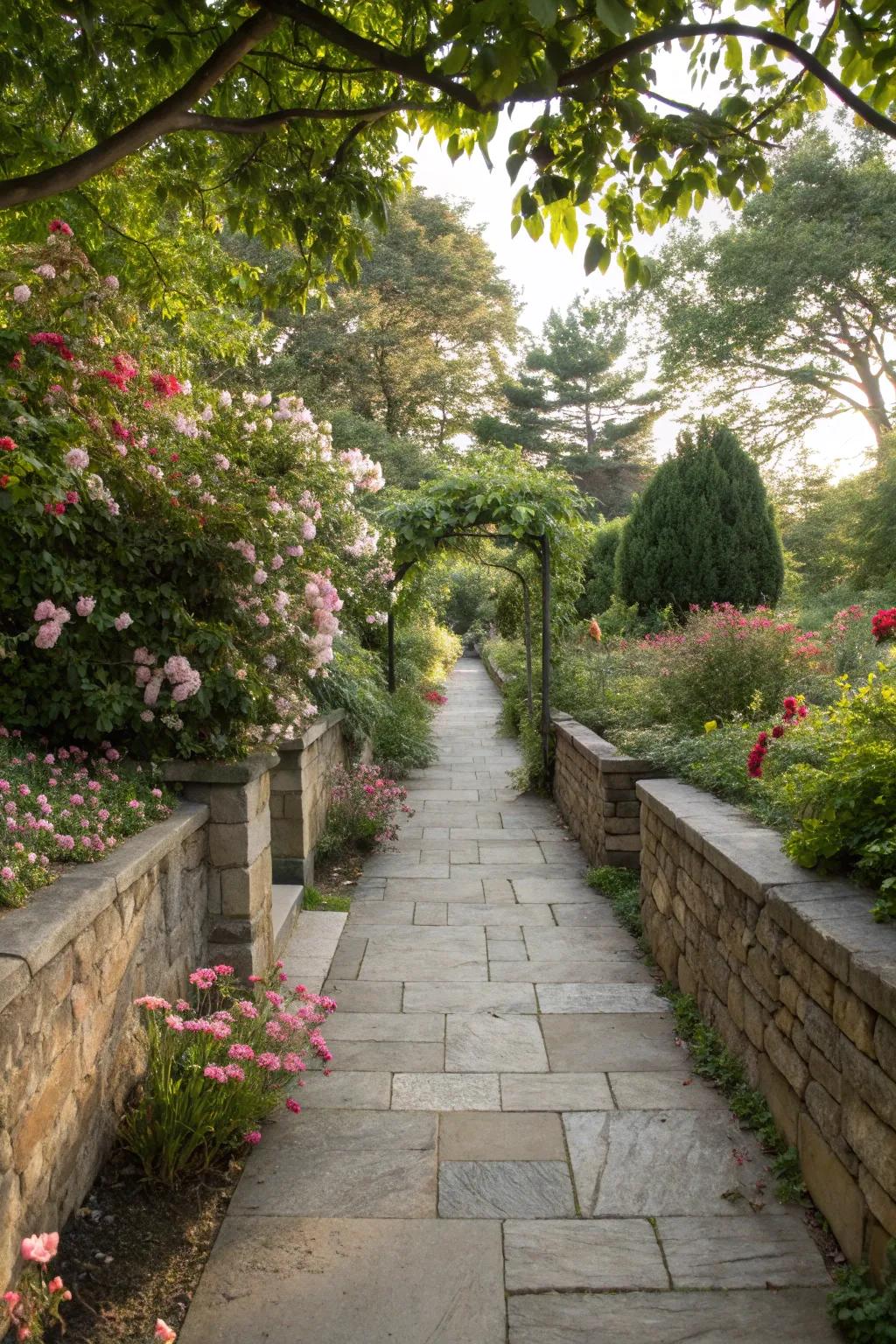 Pathway elegantly defined by low block walls, leading through the garden.