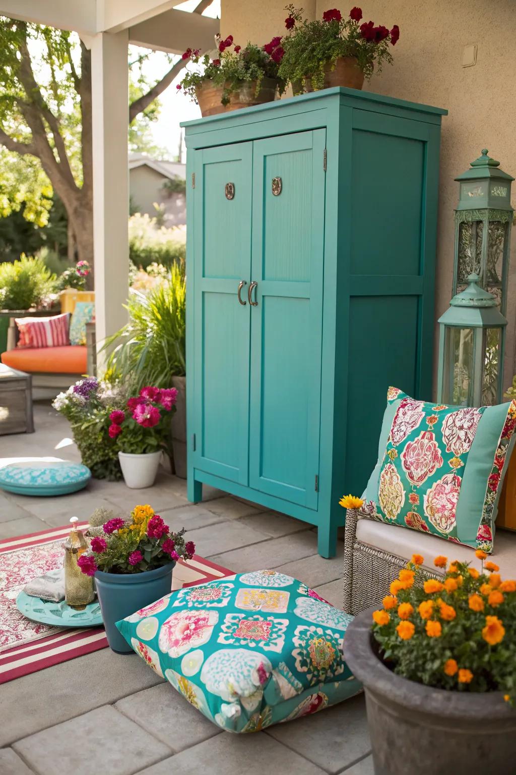 Brighten up your patio with colorful cabinets that pop.