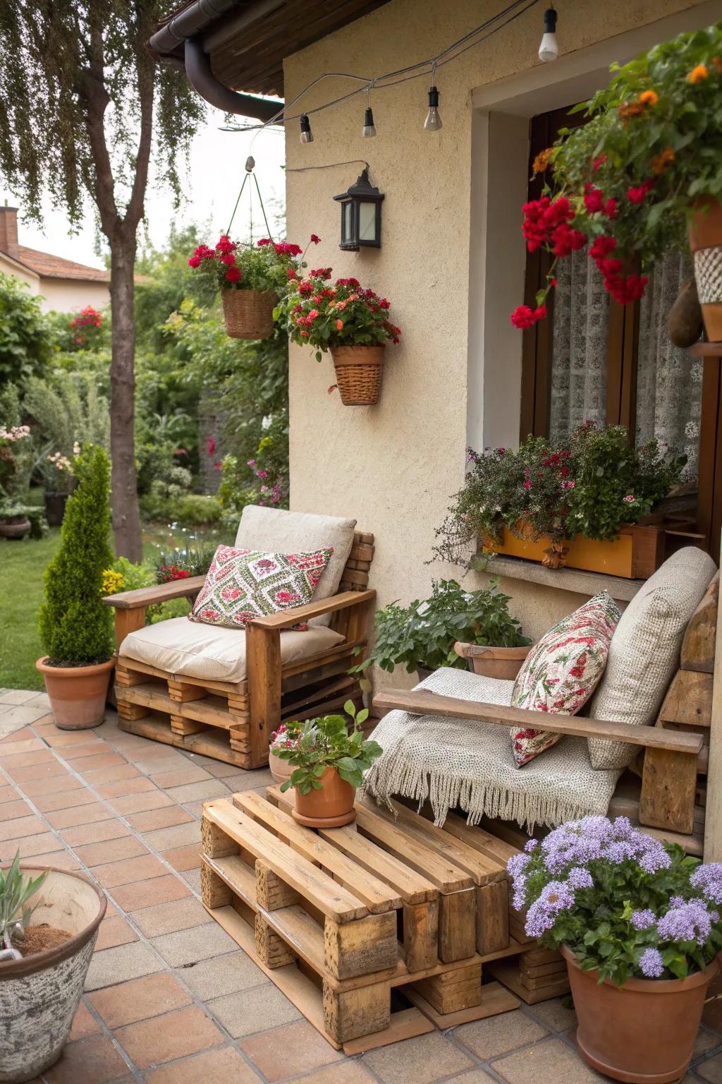 Creative DIY pallet chairs adding a personal and artistic flair to the patio.
