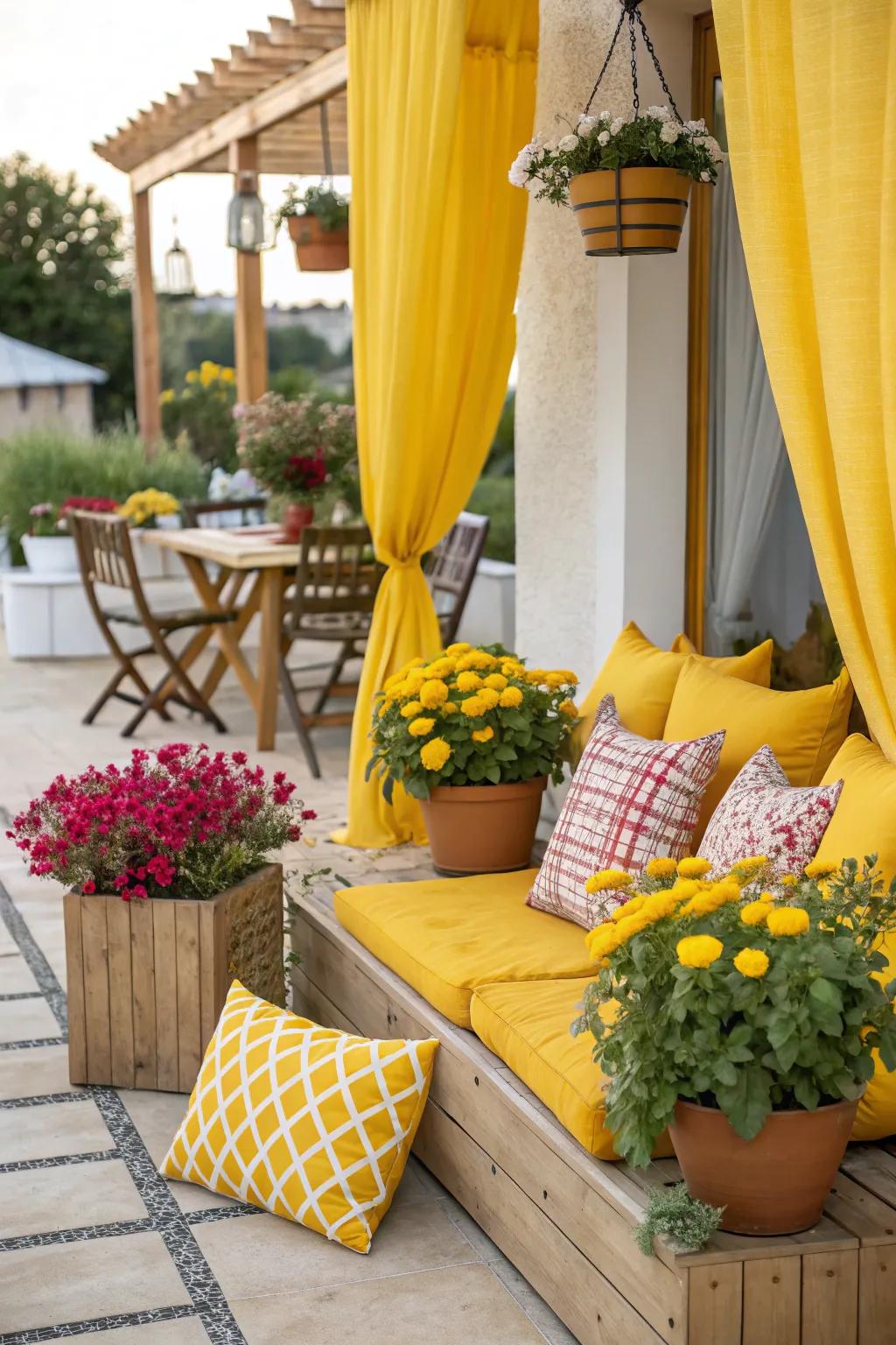 A cheerful patio with sunny yellow accents, bringing brightness and joy to the space.