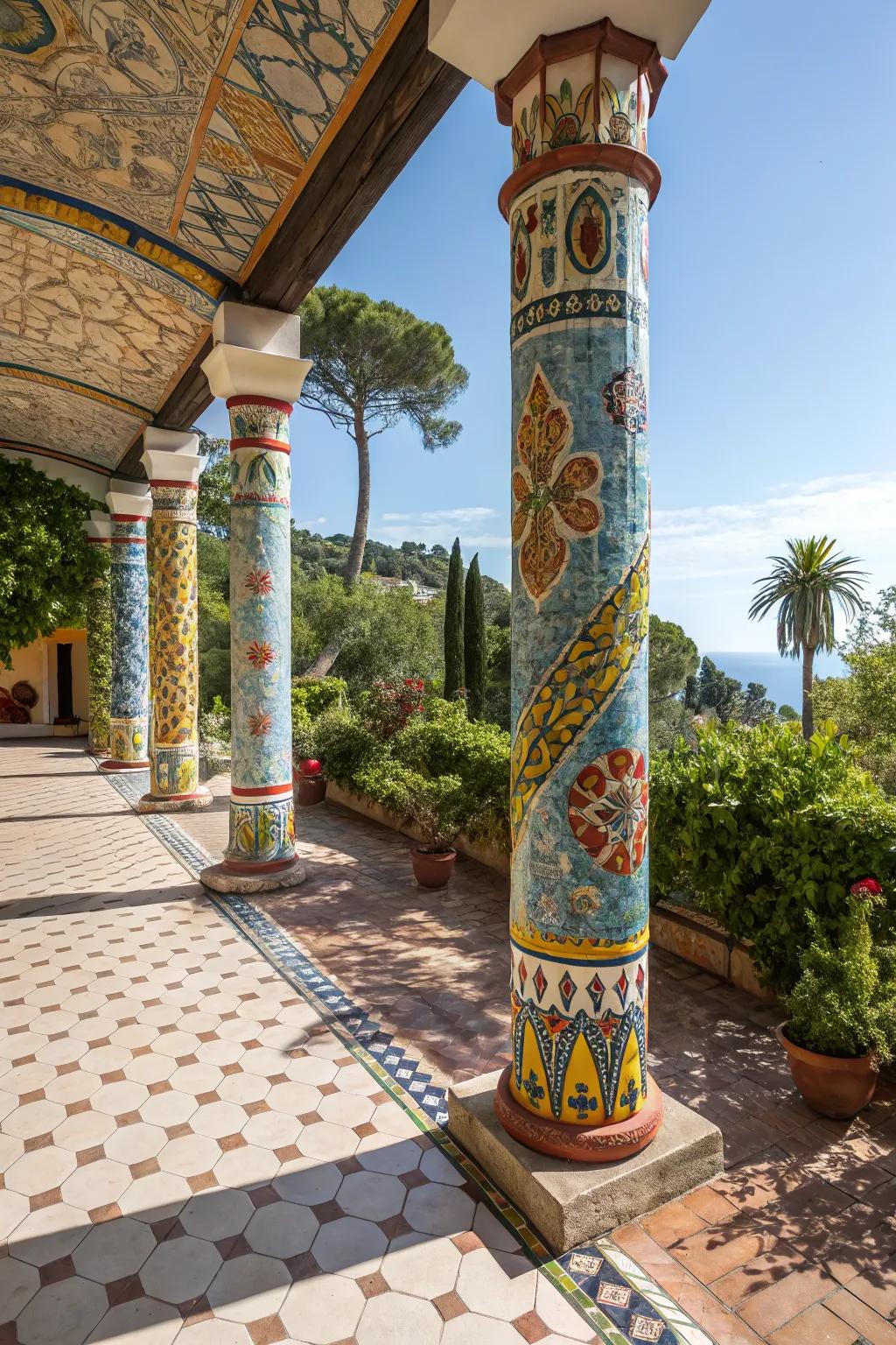 Mosaic tiles bring vibrant artistry to patio columns.