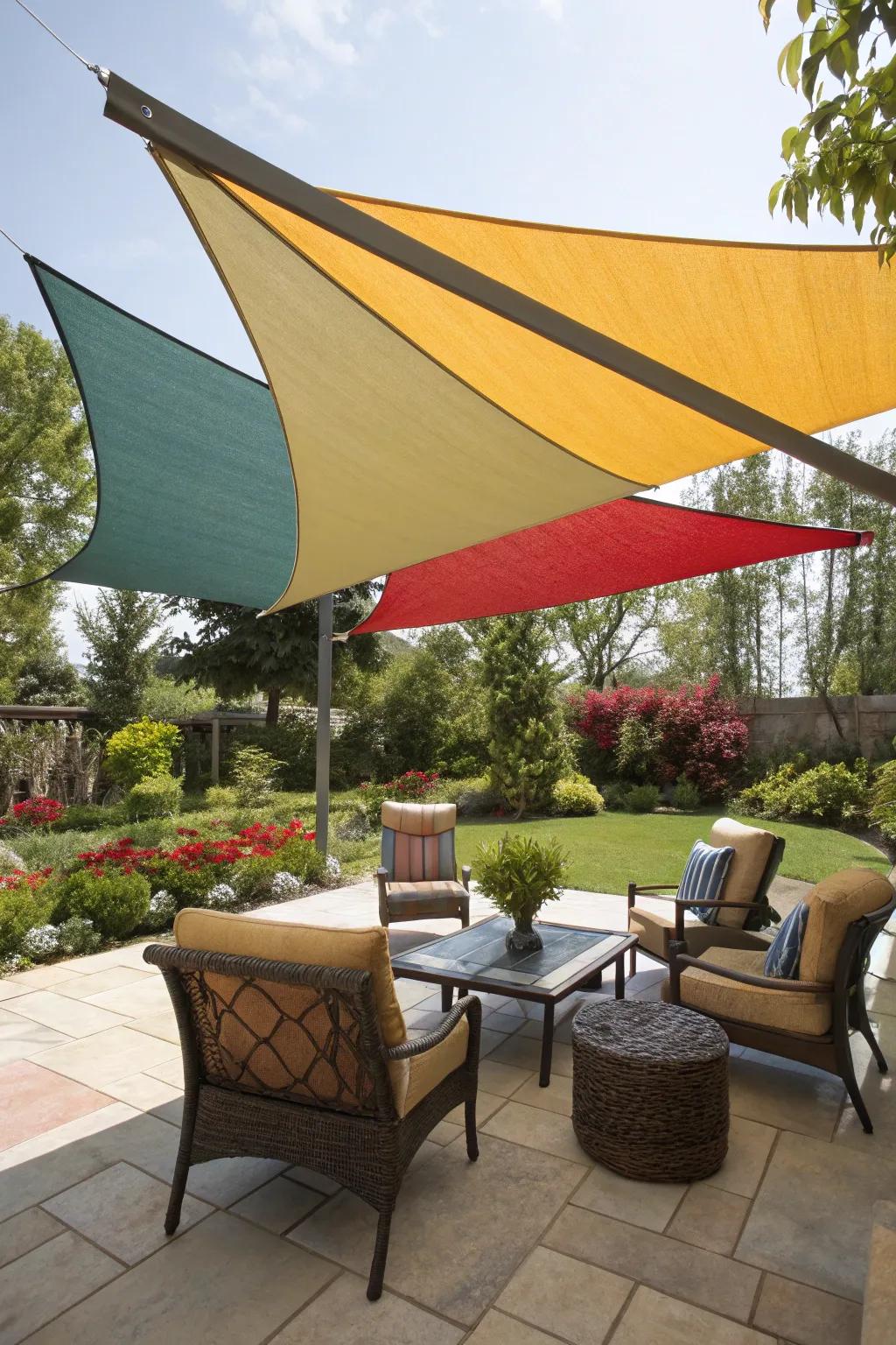 Shade sails offer a vibrant and casual option for patio coverage.