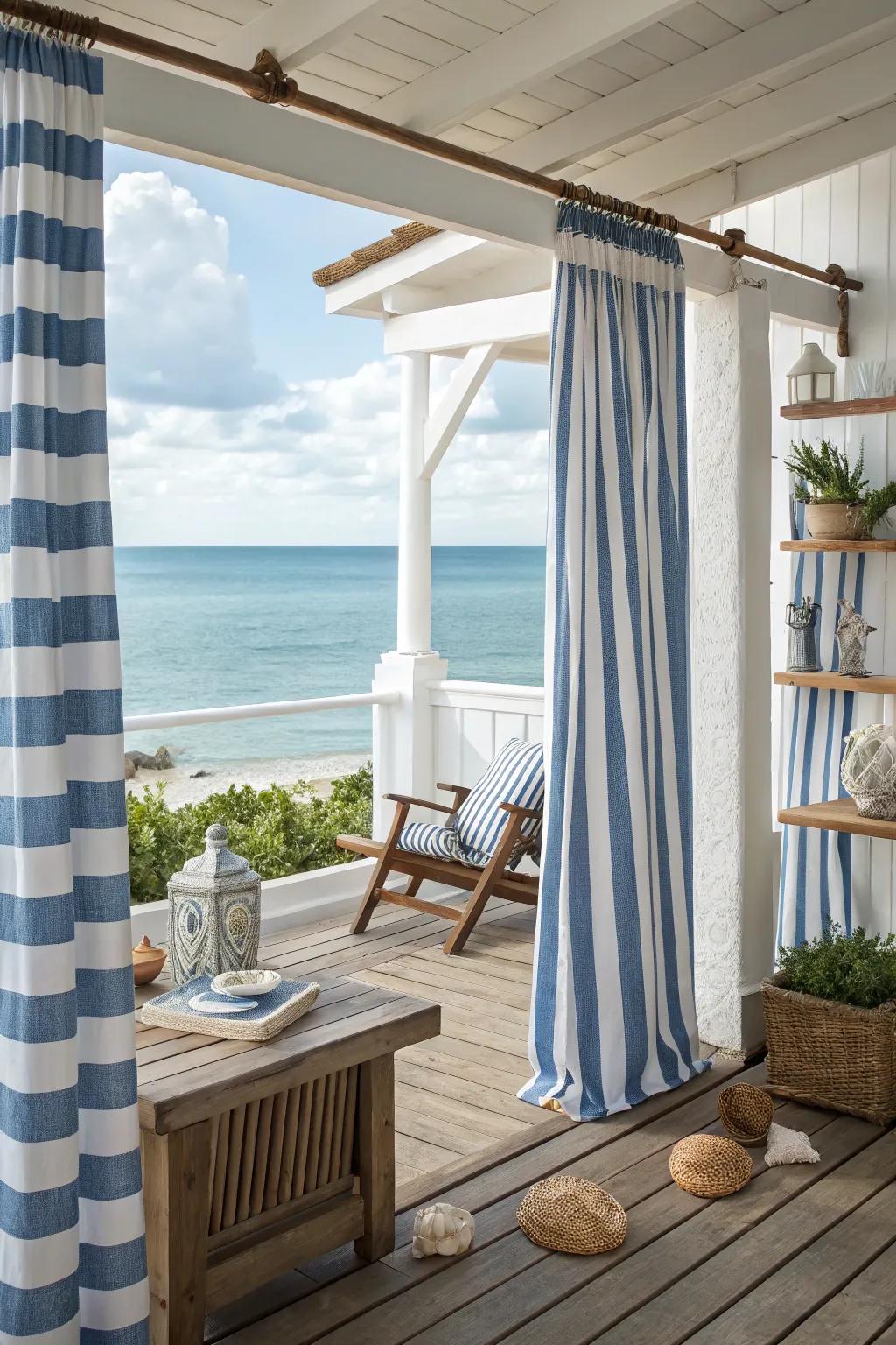 Striped curtains bring a nautical charm to your patio.